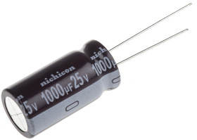 Kondensator 1000μF 25V dc Radialny, Otwór przelotowy Nichicon roztaw: 5mm 12.5 (Dia.) x 25mm