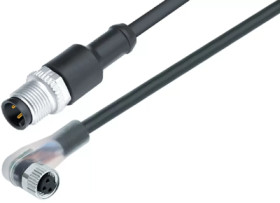 Sensor actuator cable, M12-cable plug, straight to M8-cable socket, angled, 3 pole, 1 m, PUR, black, 4 A, 77 3608 3429 50003-010