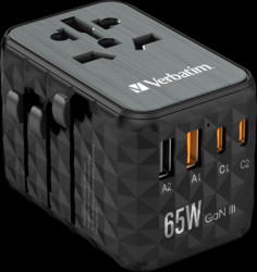 Universal Travel-Charger, UTA-05, GaN III, 65WPower Plug (EU/UK/USA) 100-250V, 2x USB-A,2x USB-C