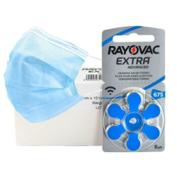 60 x baterie do aparatów słuchowych Rayovac Extra Advanced 675 + 10x jednorazowa maseczka 3-warstwowa chirurgiczna