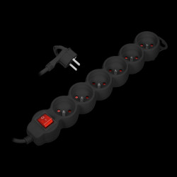 Przedłużacz 6-krotny 2P+Z z wyłącznikiem 1 5m H05VV-F 3x1 0mm2 Imax 10A płaska wtyczka czarny ES-1/B/1,5M