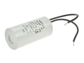 Kondensator; silnikowy (rozruchowy); I150V515K-G1; MKSP; 1,5uF; 450V AC; fi 25x51mm; z przewodami; Miflex; RoHS