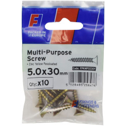 ForgeFix FPKMPS530Y Multi-Purpose Pozi Screw CSK ST ZYP 5.0 x 30mm ForgePack 10