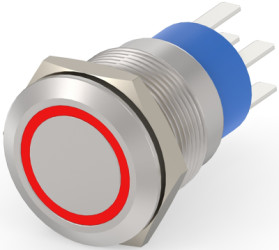 Vandal-proof pushbutton, 2 pole, silver, illuminated  (red), 5 A/250 VAC, mounting Ø 19.2 mm, IP67, 4-2213764-5