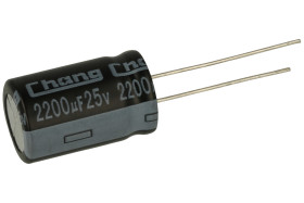 Kondensator; elektrolityczny; 2200uF; 25V; RL1E222MI200B50CE0; fi 12,5x20mm; 5mm; przewlekany (THT); taśma; Changzhou Huawei Ele