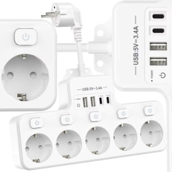 Listwa Zasilająca 5 Gniazd z wyłącznikami, 4 Porty USB