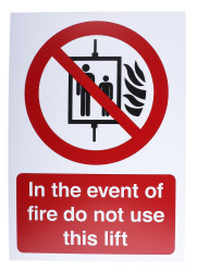 Znak BHP, tekst: "In The Event Of Fire Do Not Use This Lift, Sztywny plastik PP, kolor: Czarny/czerwony/biały Znak