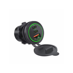 ŁADOWARKA MONTAŻOWA 2xUSB-C PD 45W 1xUSB 18W QC3.0 zielony LED 12V/24V
