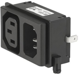 Combination element plug/socket C14 + F, 3 pole, snap-in, PCB connection, black, KP01.1012.01