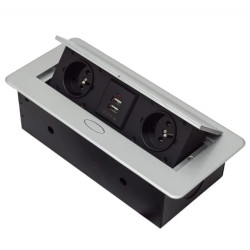 Gniazdo blatowe 3-krotne +2xUSB z pokrywą uchylną srebrne GB2PL+2-SILVER