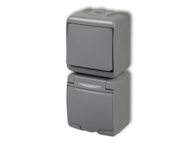 JUNIOR IP54 Wyłącznik pojedynczy z gniazdem pojedynczym z uziemieniem (klapka popielata: bez przesłon) popielaty0WGHP-1 KARLIK