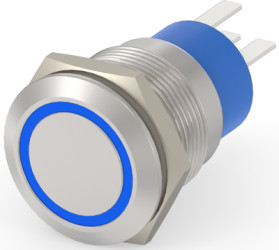 Vandal-proof pushbutton, 1 pole, silver, illuminated  (blue), 5 A/250 VAC, mounting Ø 19.2 mm, IP67, 1-2213767-7
