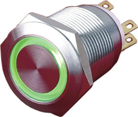 Vandal-proof pushbutton, 1 pole, silver, illuminated  (green), 5 A/250 V, mounting Ø 19 mm, IP65, PAV19BMFW2F6N