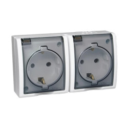 Simon Aquarius Gniazdo podwójne z/u SCHUKO bryzgoszczelne IP54 klapka transparentna z przesłonami białe AQGSZ1