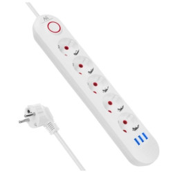 Listwa zasilająca Maclean, przedłużacz 5 gniazd + 3xUSB, 110-240V AC 50/60Hz, 2.1A max 2500W, 1,5m, biała ,MCE395 W