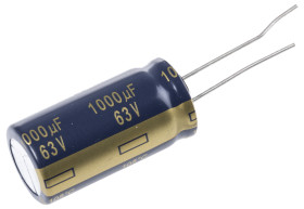 Aluminiowy kondensator elektrolityczny 1000 μF 63 V dc Otwór przelotowy Panasonic Przewód promieniowy roztaw: 7.5 mm
