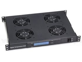 Panel wentylacyjny 19" z elektronicznym termostatem, zegarem i alarmem, cztery wentylatory, 1U, regulowane mocowanie