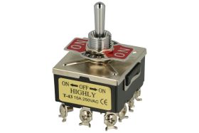 Przełącznik; dźwigniowy; T-43BS; 3*4; ON-OFF-ON; 4 tory; 3 pozycje; bistabilny; na panel; śrubowe; 15A; 250V AC; czarny; 29mm; H