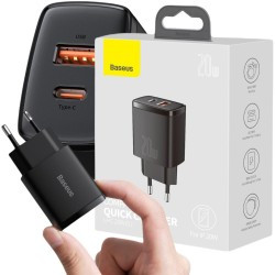 OUTLET_1: ŁADOWARKA SIECIOWA Baseus Compact Quick Charger CCXJ-B01 20W 1x USB-A 1x USB-C PD 3.0 QC 3.0 CZARNA