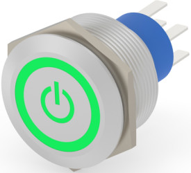 Vandal-proof pushbutton switch, 2 pole, silver, illuminated  (green), 3 A/250 VAC, mounting Ø 23.7 mm, IP67, 2-2317658-9
