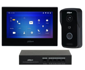 Zestaw wideodomofonowy IP składajacy się z monitora VTH2621G-P, bramofony VTO2111D-P-S2 oraz switch PoE PFS3006-4ET-36, DAHUA