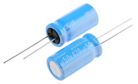 Kondensator 470μF 50V dc Radialny, Otwór przelotowy Nichicon roztaw: 5mm 12.5 x 25mm