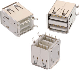 2 x USB-A socket, 8 pole, USB 2.0, solder connection, 614008235023