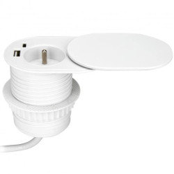 Gniazdo meblowe Ø6cm, wpuszczane w blat z przesuwną pokrywką, ładowarką USB i przewodem 1,9m, 1x2P+Z (French), 2xUS,OR-GM-9042/W
