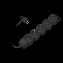 Przedłużacz 5-krotny 2P+Z (Schuko). 3m H05VV-F 3x1.0mm2. Imax 10A. płaska wtyczka. czarny ORAE13149(GS)/B/3M