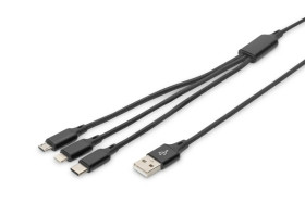 Kabel połączeniowy USB 3w1 Typ USB C + Lightning + micro USB B USB A M-M 10W nylon czarny 1m AK-300160-010-S