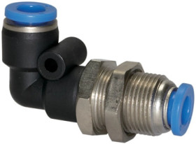 Złączka pneumatyczna wtykowa grodziowa kątowa M14 do węża fi 6 mm, mosiądz niklowany