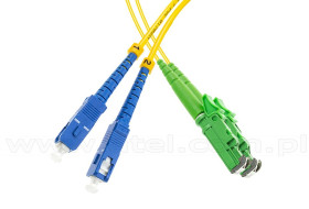 Patchcord światłowodowy jednomodowy E2000/APC-SC/UPC, 9/125, dupleks, włókno G652D, 1m