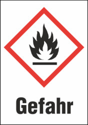 Hazardous goods sign, symbol: GHS02/text: &quot;Gefahr&quot;, (W) 26 mm, plastic, 013.24-9-37X26-W1 / 36 ST
