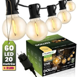 Girlanda Ogrodowa Zewnętrzna Łańcuch Świetlny 20m 60x LED + 2 Żarówki 12W Ciepła 2700K DOLLIS2 LUMILED
