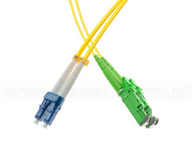 Patchcord światłowodowy jednomodowy E2000/APC-LC/UPC, 9/125, dupleks, włókno G652D, 1m