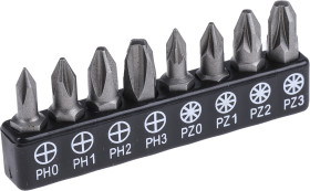 Zestaw końcówek do wkrętaka Phillips, Pozidriv l. elementów: 8 rozmiar: PZ0, PZ1, PZ2, PZ3 Zestawy końcówek RS PRO