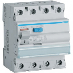 Wyłącznik różnicowoprądowy RCD 3-fazowy 25A 30mA typ AC 4-biegunowy 4P (230V / 400V AC) 4-modułowy HAGER