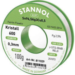 Stannol 811029 Kristall 600 Lead-Free Solder 100g 0.3mm Sn96.5Ag3Cu0.5