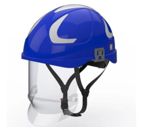 Hubix niebieski hełm elektroizolacyjny z osłoną twarzy (ruchomą) W1 klasy 1 Box‑test, do 20 kV AC / 1,5 kV DC SECRA H058S