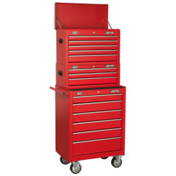 Sealey AP22STACK Topchest, Mid-Box &amp; Rollcab 14 Drawer Stack - Red