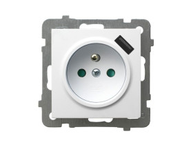 AS Gniazdo pojedyncze z uziemieniem z przesłonami i łądowarką USB 5V/2.1A białe GP-1GZPUSB/m/00 OSPEL