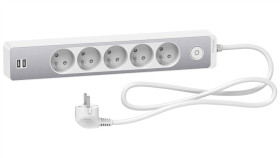 Odace Przedłużacz 5 Gniazdowy Z Łącznikiem 2X Usb, 1,5M Biały+Szczotkowane...