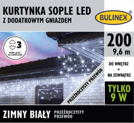 Lampki Bulinex 200led białe zimne 9,60m sople z przewodem przeźroczystym kurtyna