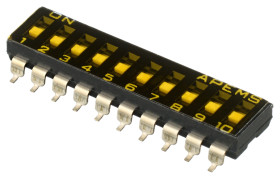 Przełącznik DIP 10-pozycyjny SPST SMD 100 mA przy 50 V DC (liniowy), 25 mA przy 24 V DC (impulsowy) -20 → +85°C