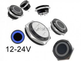 Przycisk chwil.19mm płaski stal LED nieb. niski-cz