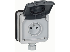 PLEXO66 Gniazdo pojedyncze z uziemieniem z klapką (komplet) szary 090466 LEGRAND