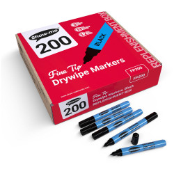 Show-me FP200 Box 200 Fine Tip Slim Barrel Drywipe Markers - Black