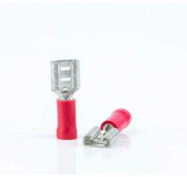 Insulated flat plug sleeve, 6.3 x 0.8 mm, 0.5 to 1.5 mm², AWG 22 to 16, brass, tin-plated, red, BYB-4-07F5044