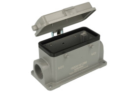 Obudowa złącza; Han B; 19300161266; 16B; metal; proste; na panel; wyjście na dławnicę M25; do 2 klamer; z pokrywą; 2 boczne wyjś