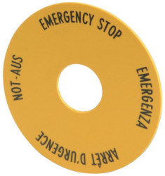 Label, round ø 90 mm, DE, EN, FR, IT, for emergency stop pushbutton, 216465